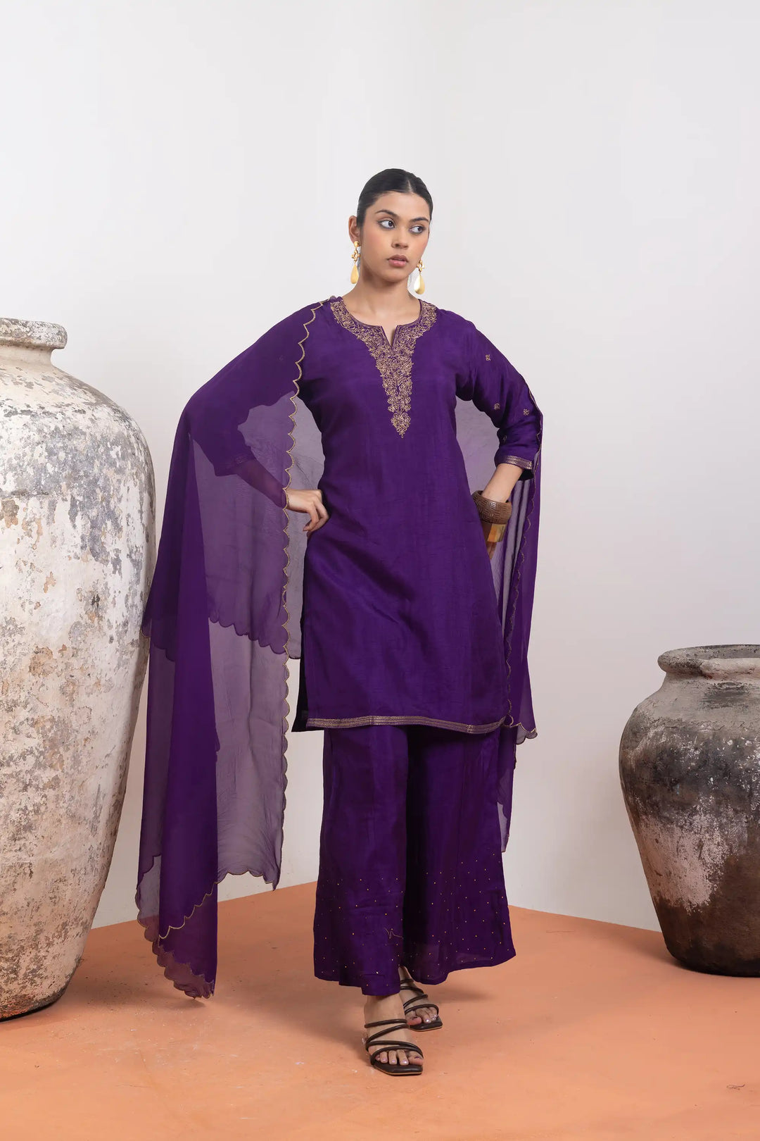 Palazzo Set in dark-purple | Perfect khat work machine resham work linening work