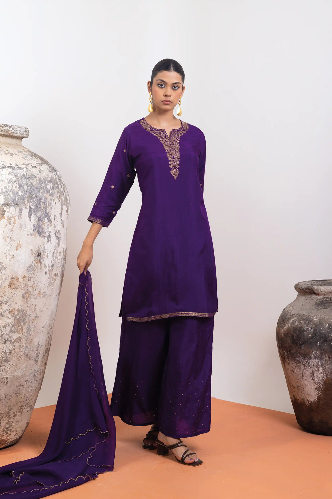 Palazzo Set in dark-purple | Perfect khat work machine resham work linening work