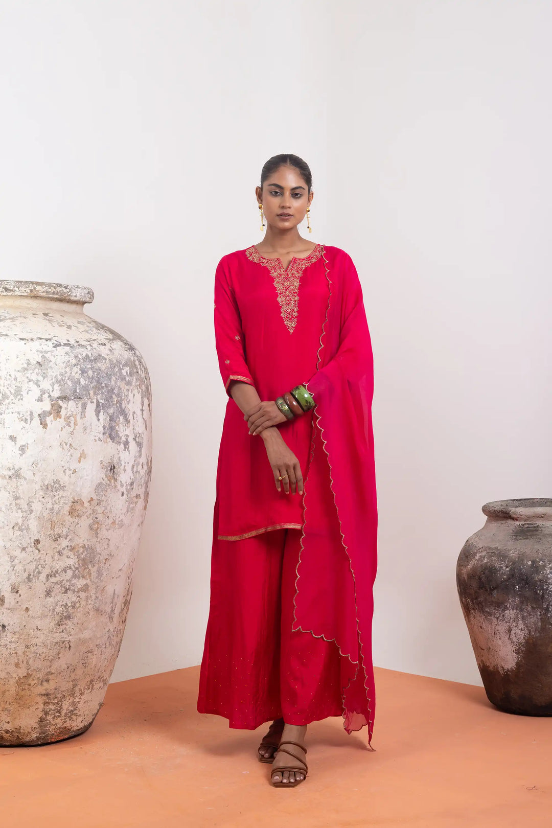 Bright-pink Palazzo Set | Crafted with dola-silk and khat work linening work