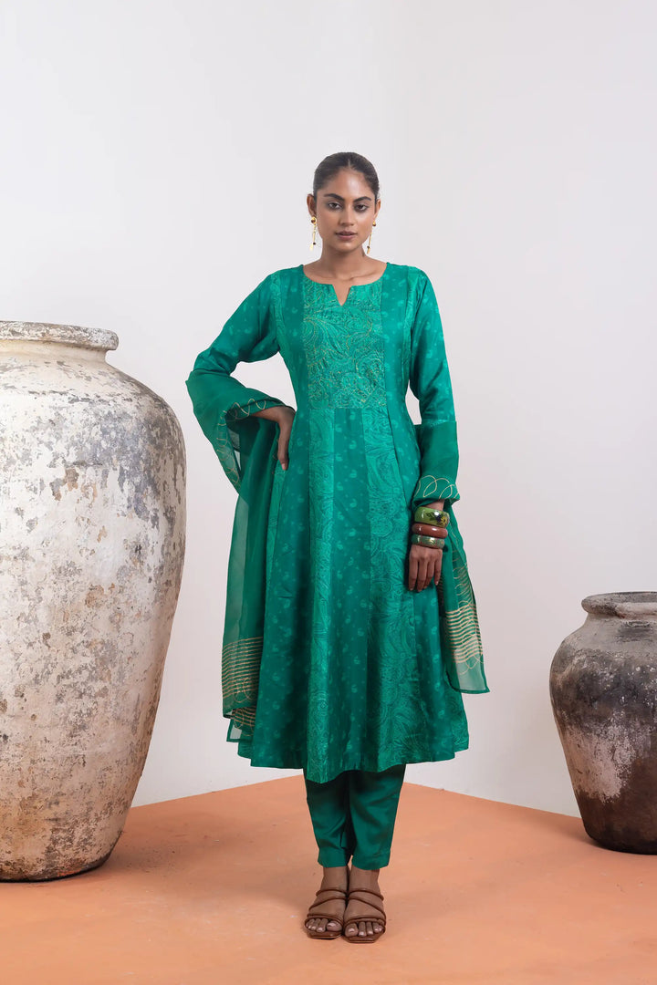 Teal-green Kurtis Set | Beautiful russion-silk hand work Finish