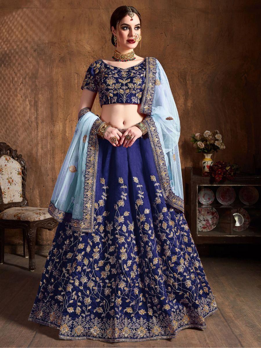 Stunning Navy Blue Lehenga | Raw Silk with Sequins & Dori Embroidery for Weddings