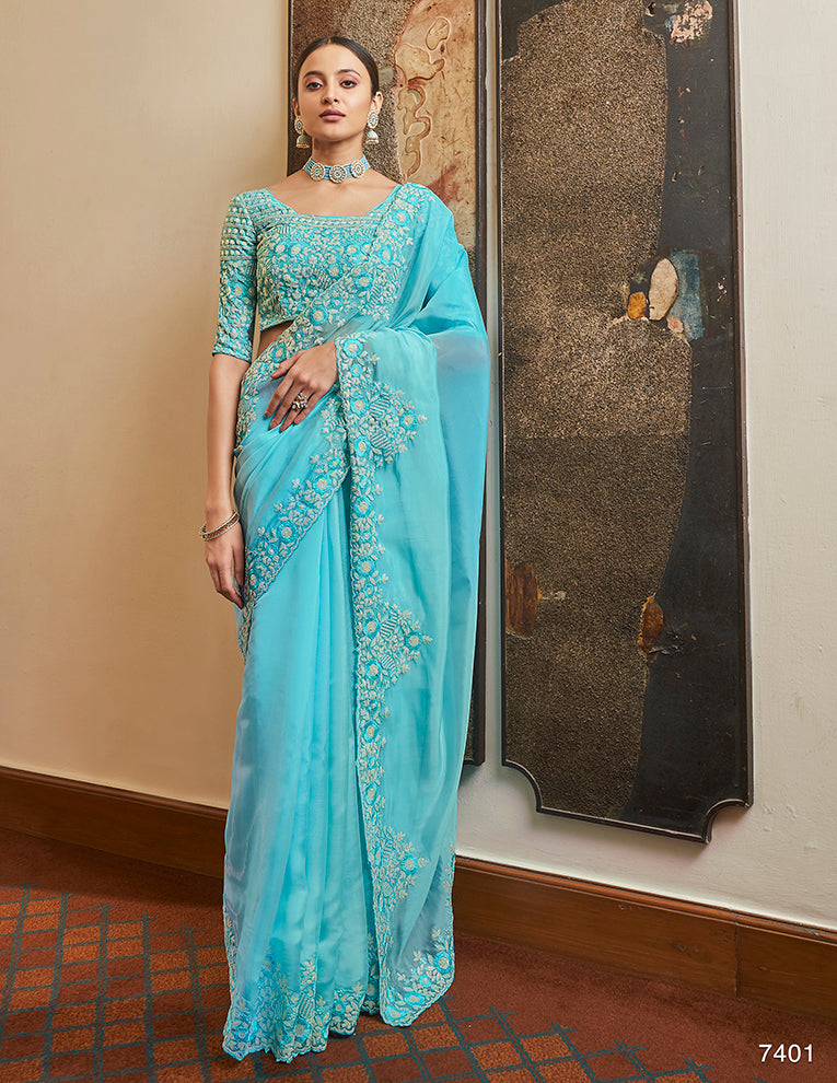 Sky Blue Organza Saree | Resham and Sequins Work Designer Saree