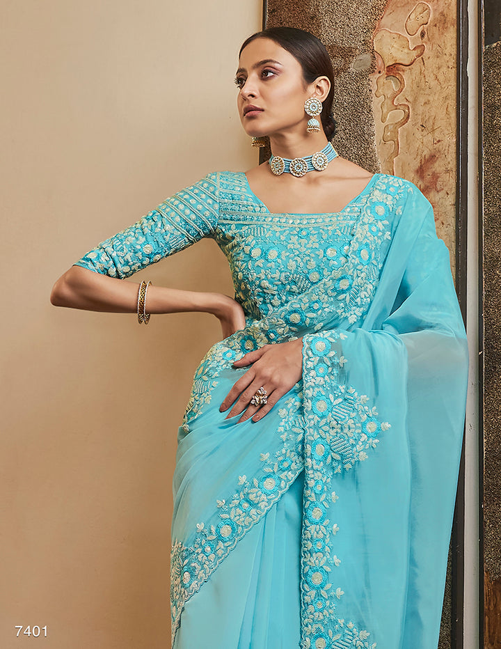 Sky Blue Organza Saree | Resham and Sequins Work Designer Saree