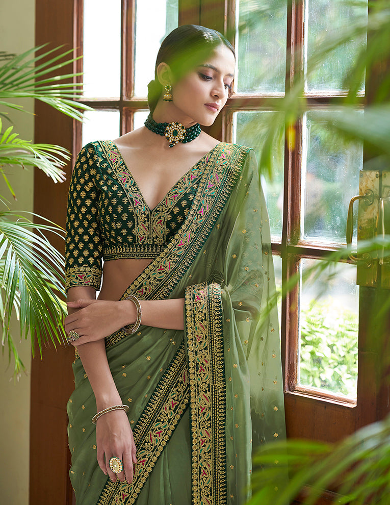 Olive Green Organza Saree | Dori, Sequins & Zari Work Saree