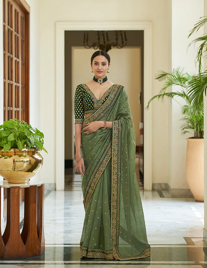 Olive Green Organza Saree | Dori, Sequins & Zari Work Saree