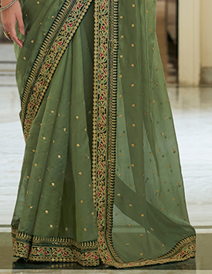 Olive Green Organza Saree | Dori, Sequins & Zari Work Saree