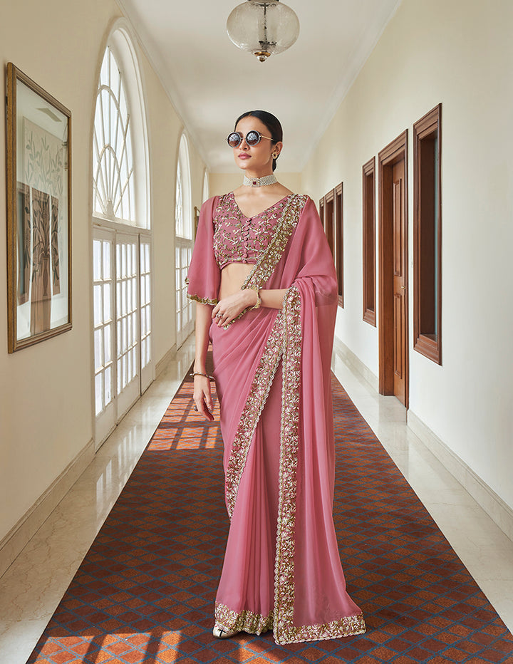 Elegant Pink Georgette Saree | Resham, Zari & Beads Work Designer Saree