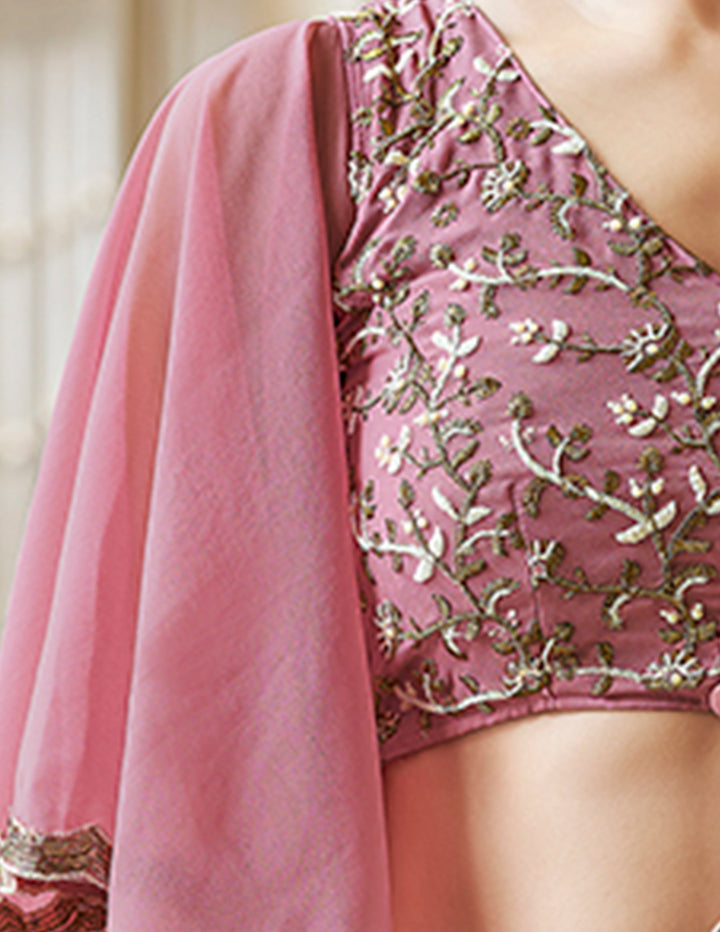 Elegant Pink Georgette Saree | Resham, Zari & Beads Work Designer Saree