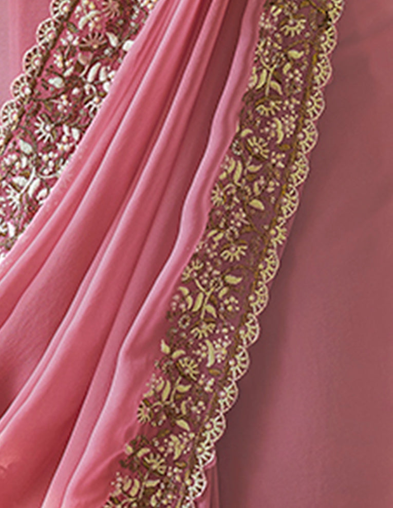 Elegant Pink Georgette Saree | Resham, Zari & Beads Work Designer Saree