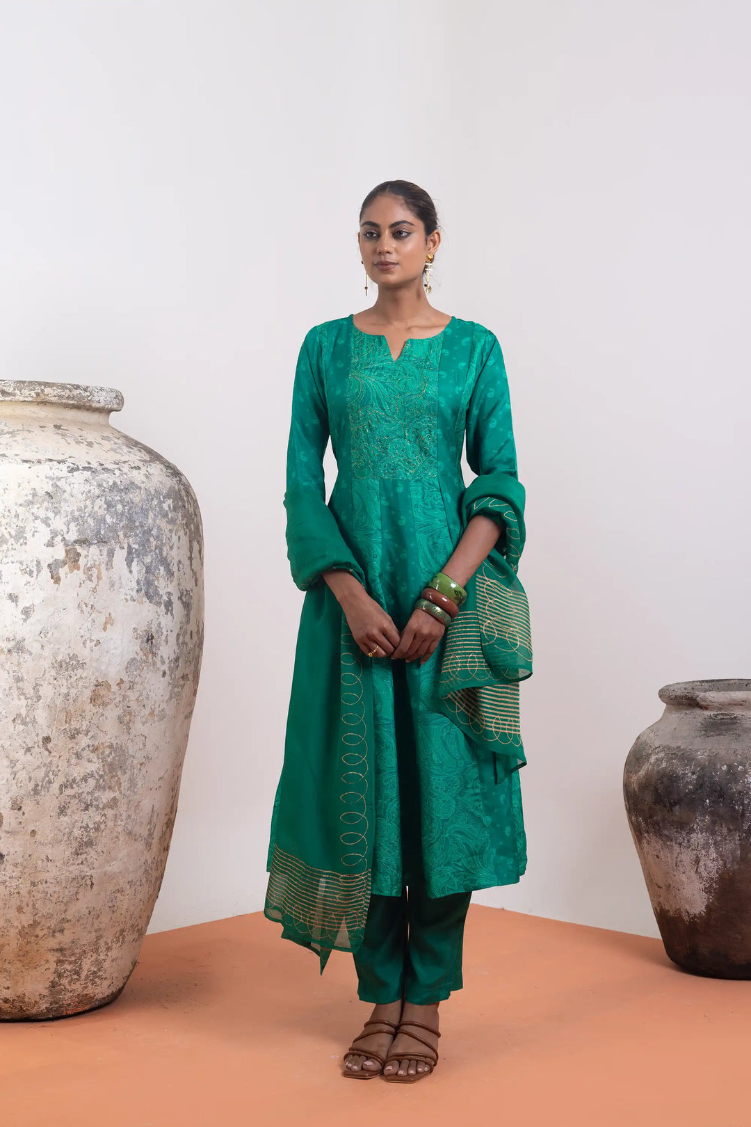 Teal-green Kurtis Set | Beautiful russion-silk hand work Finish