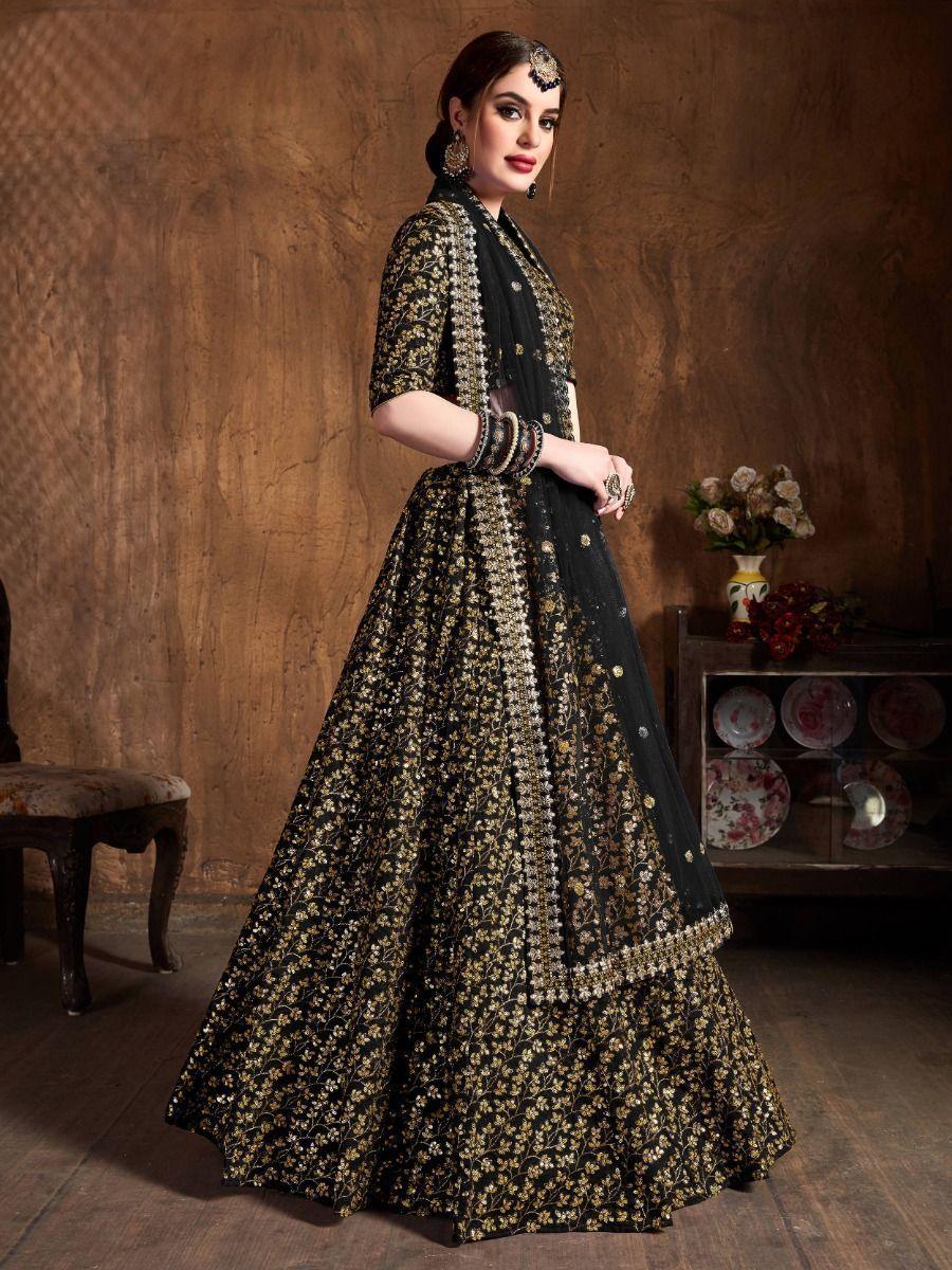 Black Sequins Raw Silk Lehenga Choli | Reception Wedding Wear