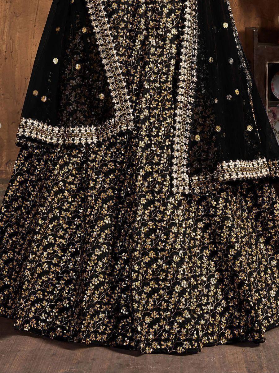 Black Sequins Raw Silk Lehenga Choli | Reception Wedding Wear