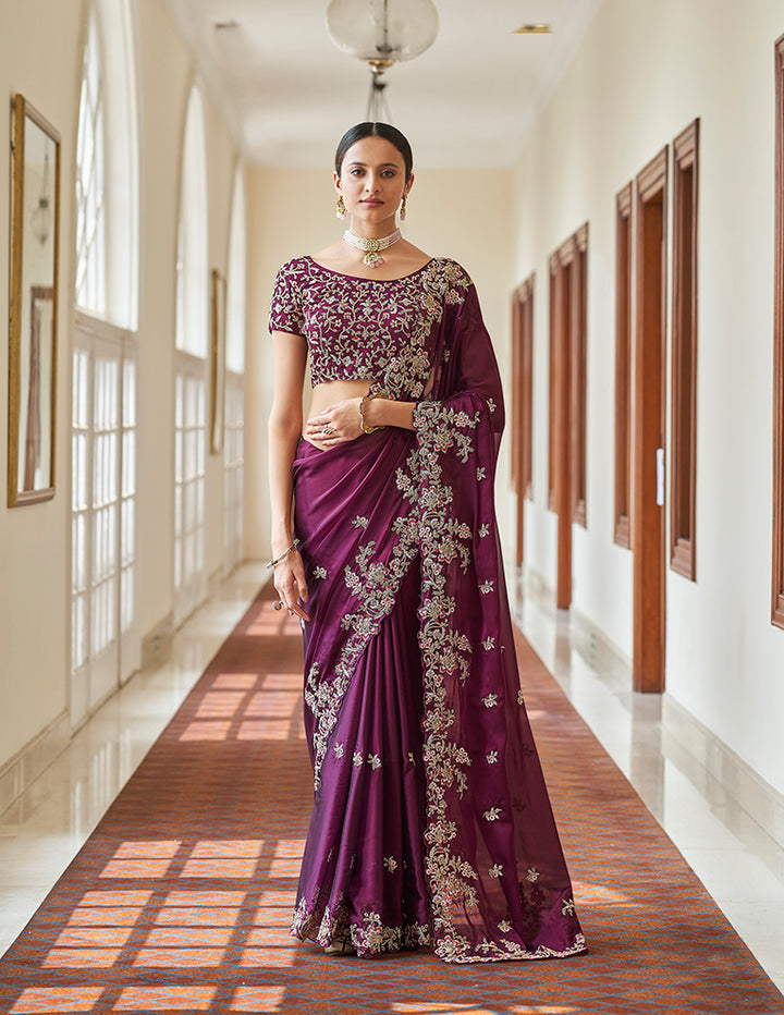 Purple Crape Saree | Dori, Resham & Cut-Work Designer Saree