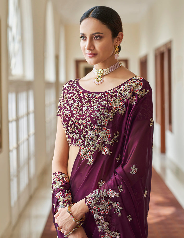 Purple Crape Saree | Dori, Resham & Cut-Work Designer Saree