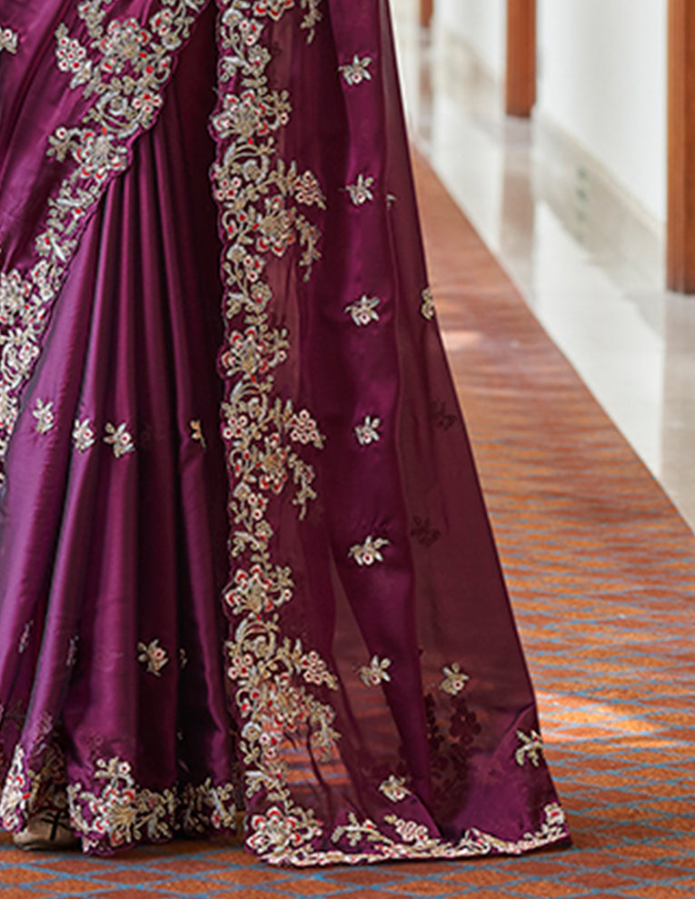 Purple Crape Saree | Dori, Resham & Cut-Work Designer Saree