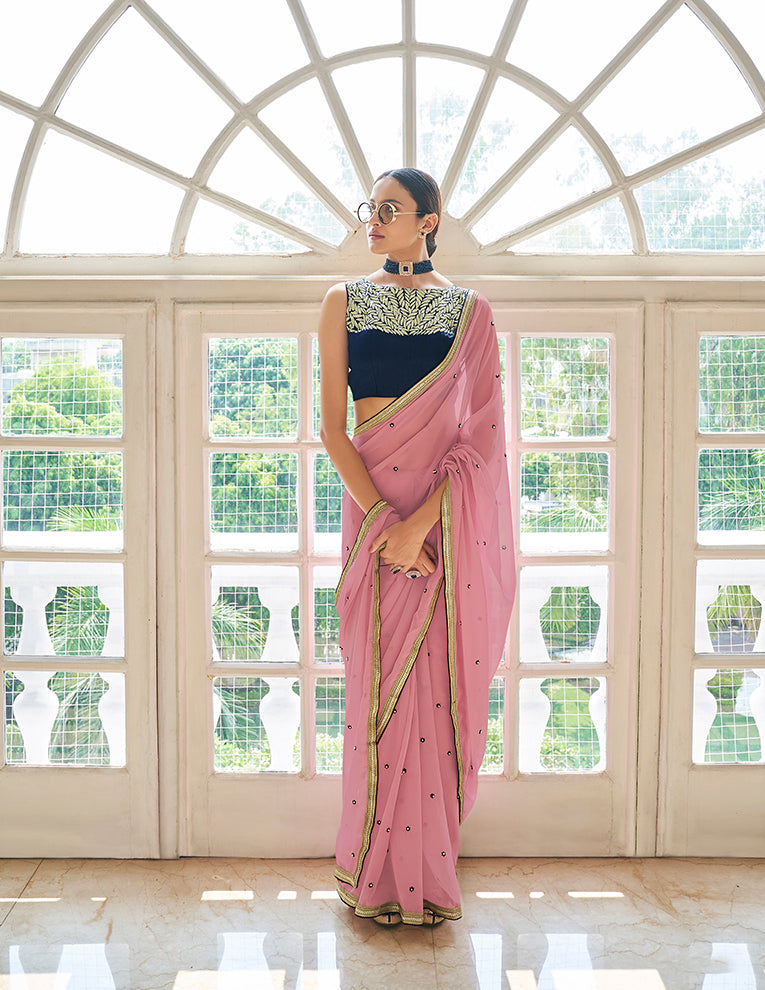 Peach Georgette Saree | Embroidered Saree with Zari & Beads