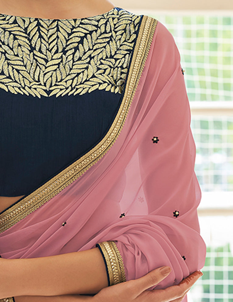 Peach Georgette Saree | Embroidered Saree with Zari & Beads