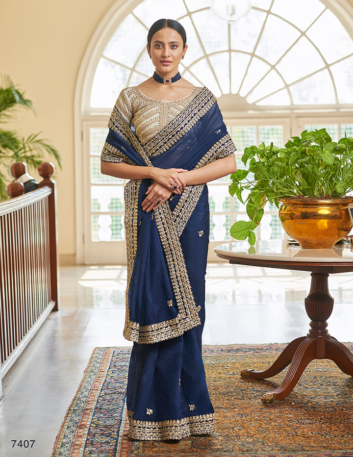 Navy Blue Organza Saree | Zari & Sequins Work with Heavy Blouse