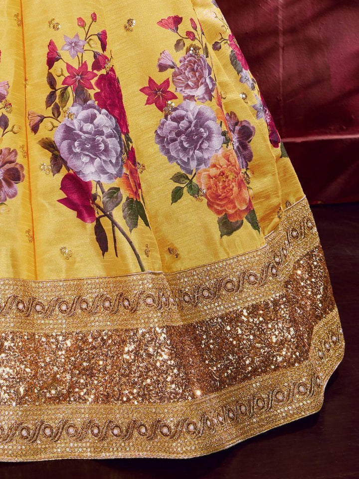 Chic Yellow Lehenga Choli | Floral Print, Sequins & Lace Border Dupatta