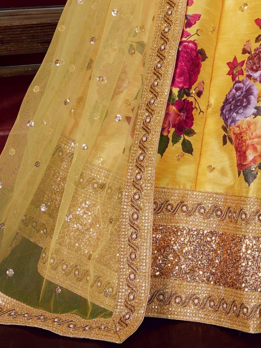 Chic Yellow Lehenga Choli | Floral Print, Sequins & Lace Border Dupatta