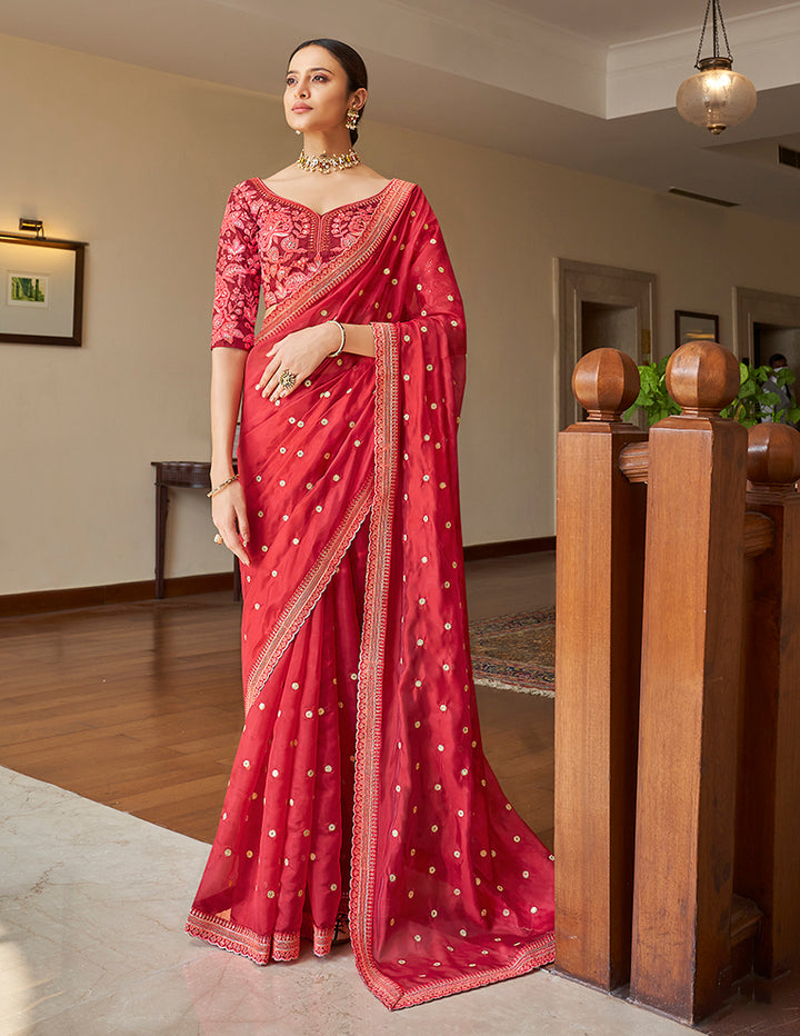 Elegant Neon Pink Saree | Designer Organza Saree for Festive Wear