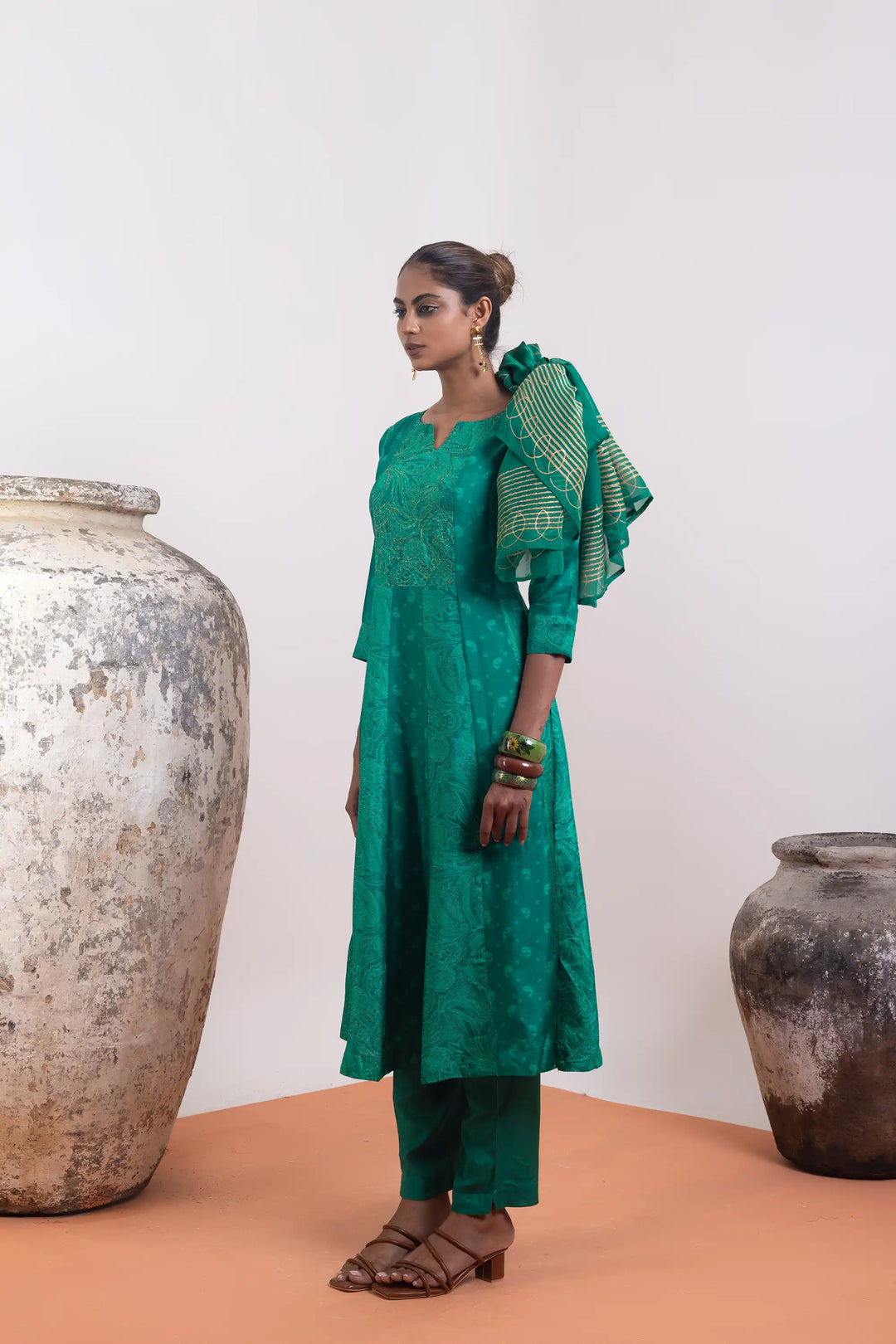 Teal-green Kurtis Set | Beautiful russion-silk hand work Finish