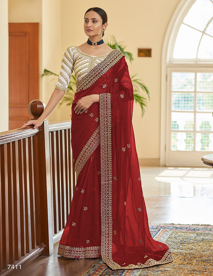 Elegant Maroon Saree | Designer Organza Saree for Special Occasions