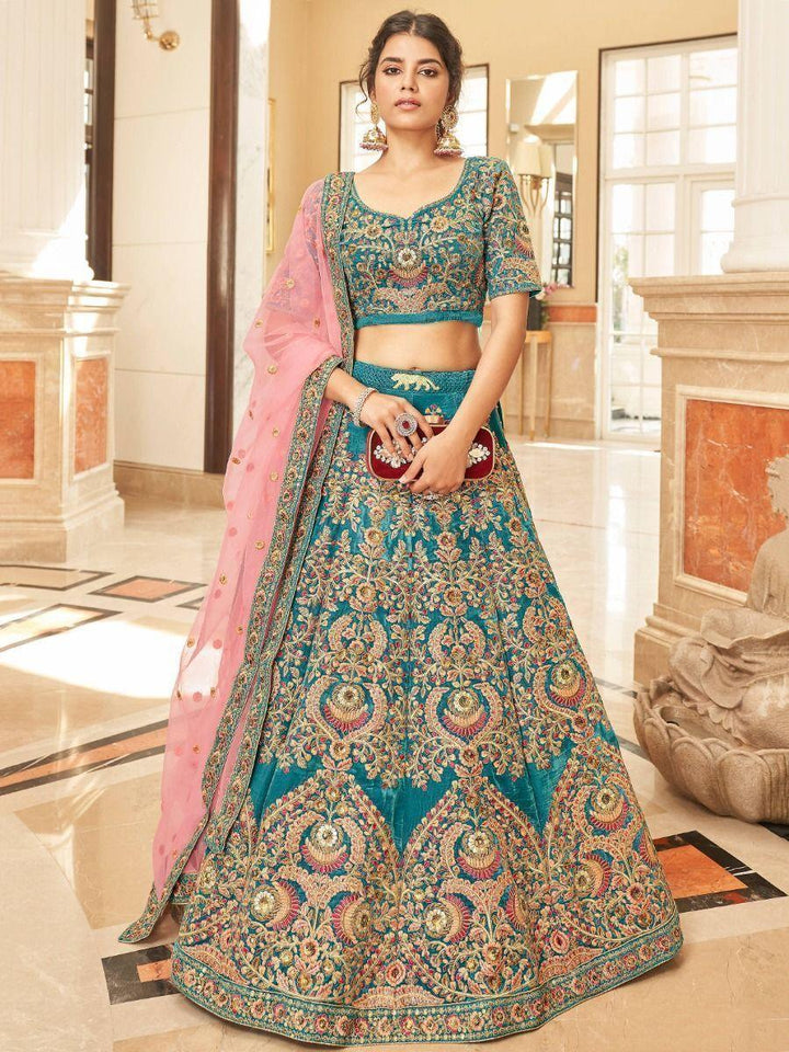 Teal Velvet Lehenga Choli | Bridal Wear with Heavy Embroidery