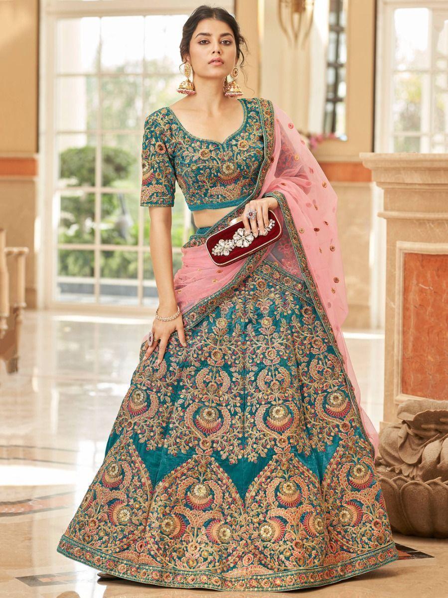 Teal Velvet Lehenga Choli | Bridal Wear with Heavy Embroidery