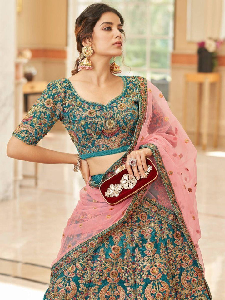 Teal Velvet Lehenga Choli | Bridal Wear with Heavy Embroidery