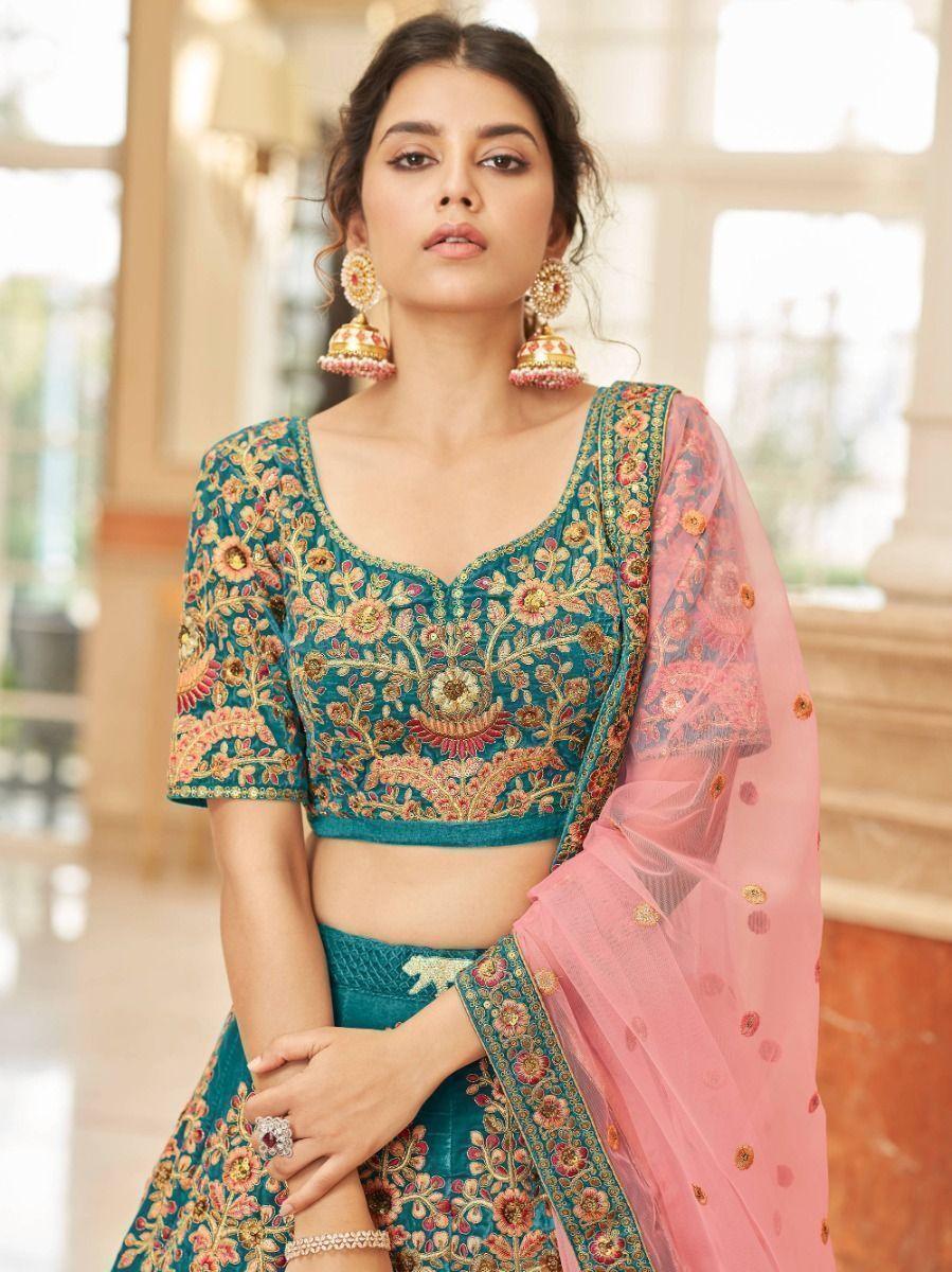 Teal Velvet Lehenga Choli | Bridal Wear with Heavy Embroidery