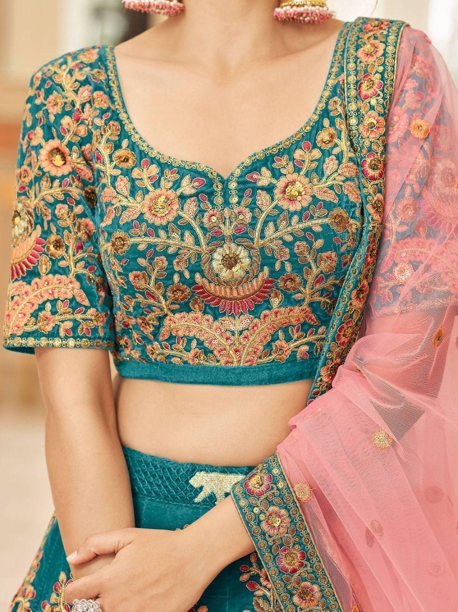 Teal Velvet Lehenga Choli | Bridal Wear with Heavy Embroidery