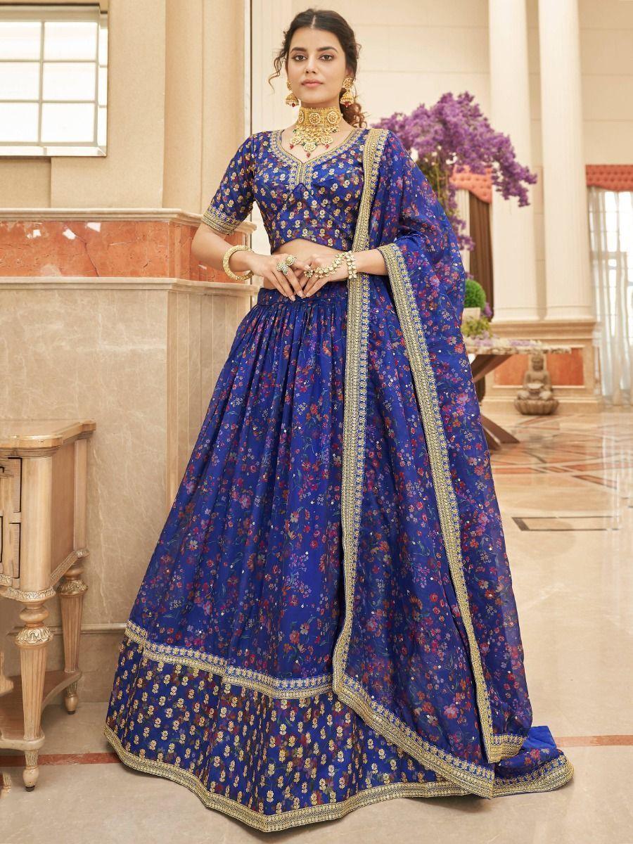 Digital Print Blue Lehenga Choli | Organza Material with Thread Work & Sequins