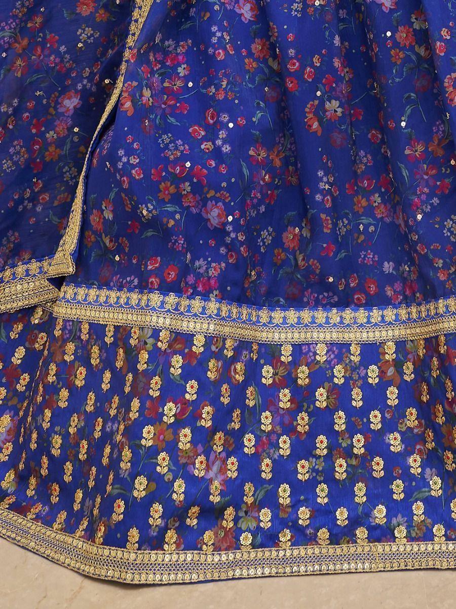 Digital Print Blue Lehenga Choli | Organza Material with Thread Work & Sequins