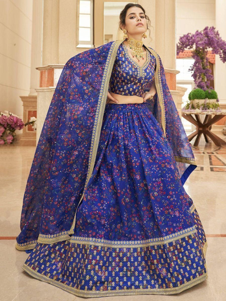 Digital Print Blue Lehenga Choli | Organza Material with Thread Work & Sequins