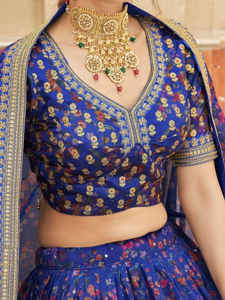 Digital Print Blue Lehenga Choli | Organza Material with Thread Work & Sequins