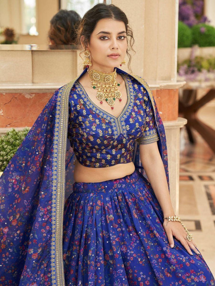 Digital Print Blue Lehenga Choli | Organza Material with Thread Work & Sequins