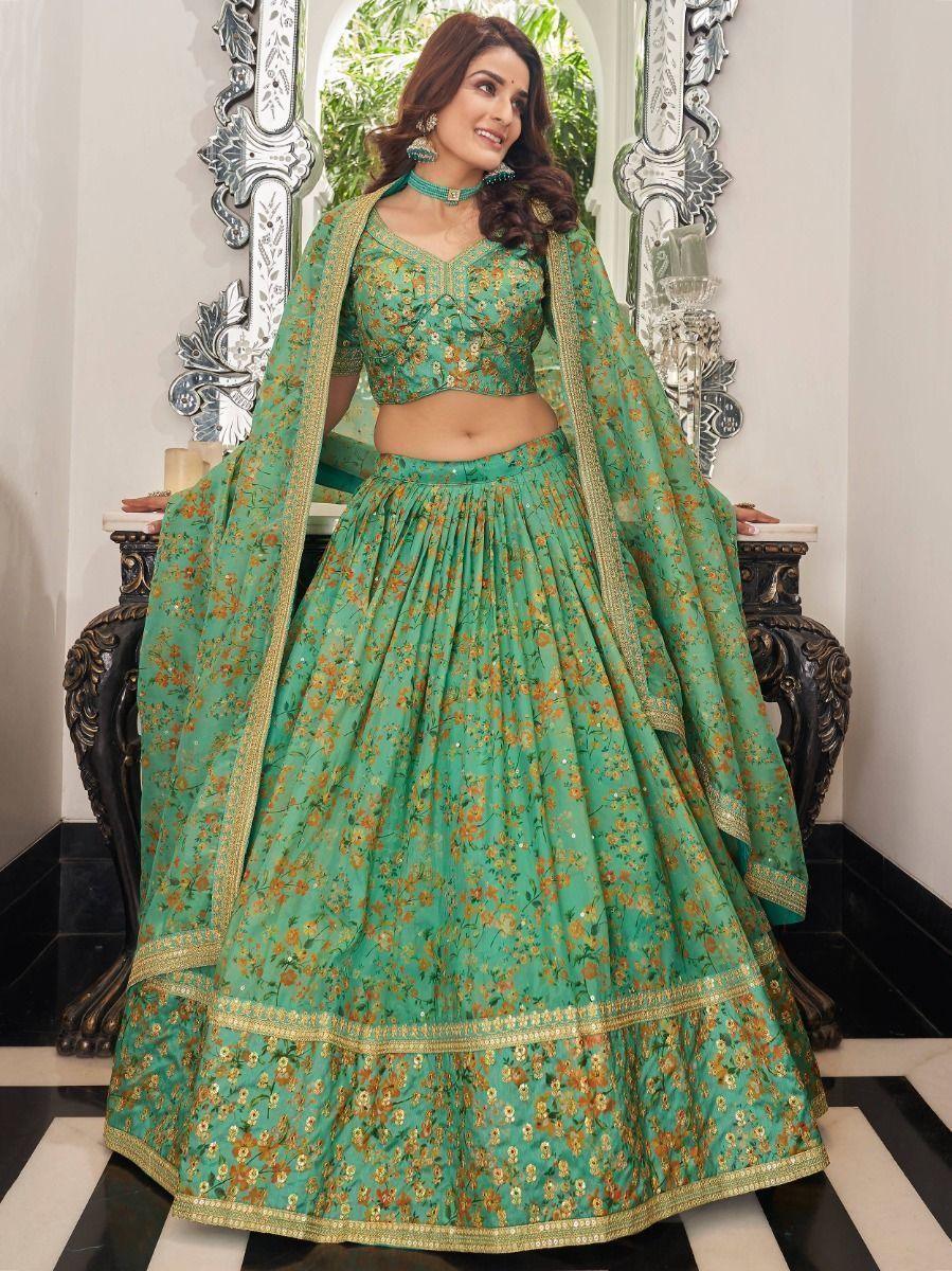 Chic Green Floral Lehenga Choli | Perfect for Wedding, Mehendi & Engagement