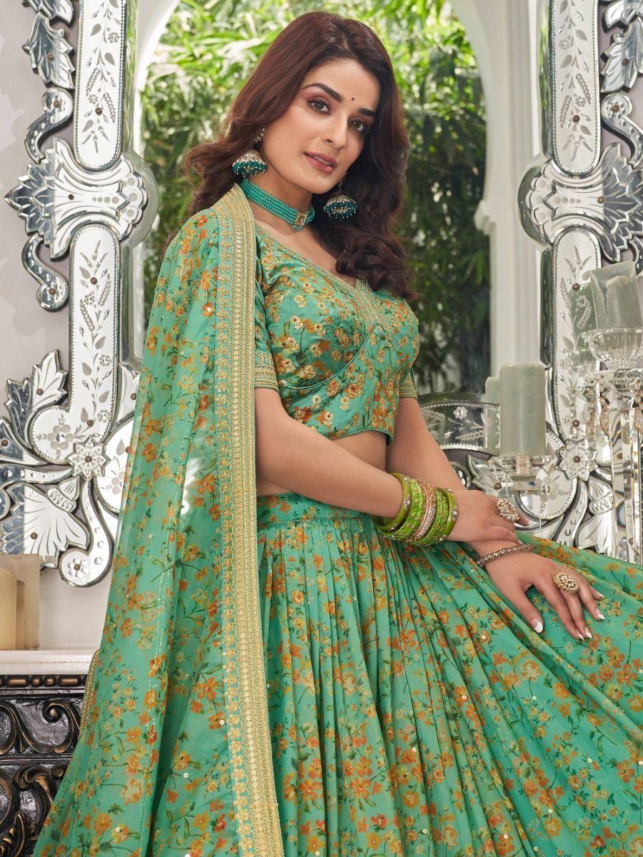 Chic Green Floral Lehenga Choli | Perfect for Wedding, Mehendi & Engagement