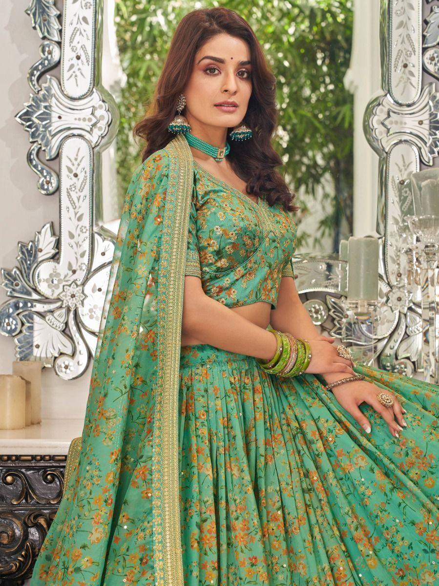 Chic Green Floral Lehenga Choli | Perfect for Wedding, Mehendi & Engagement