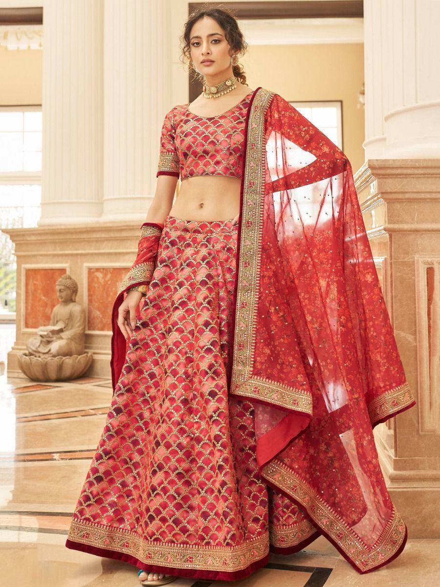 Gorgeous Red Lehenga Choli | Art Silk with Sequin and Lace Border Work