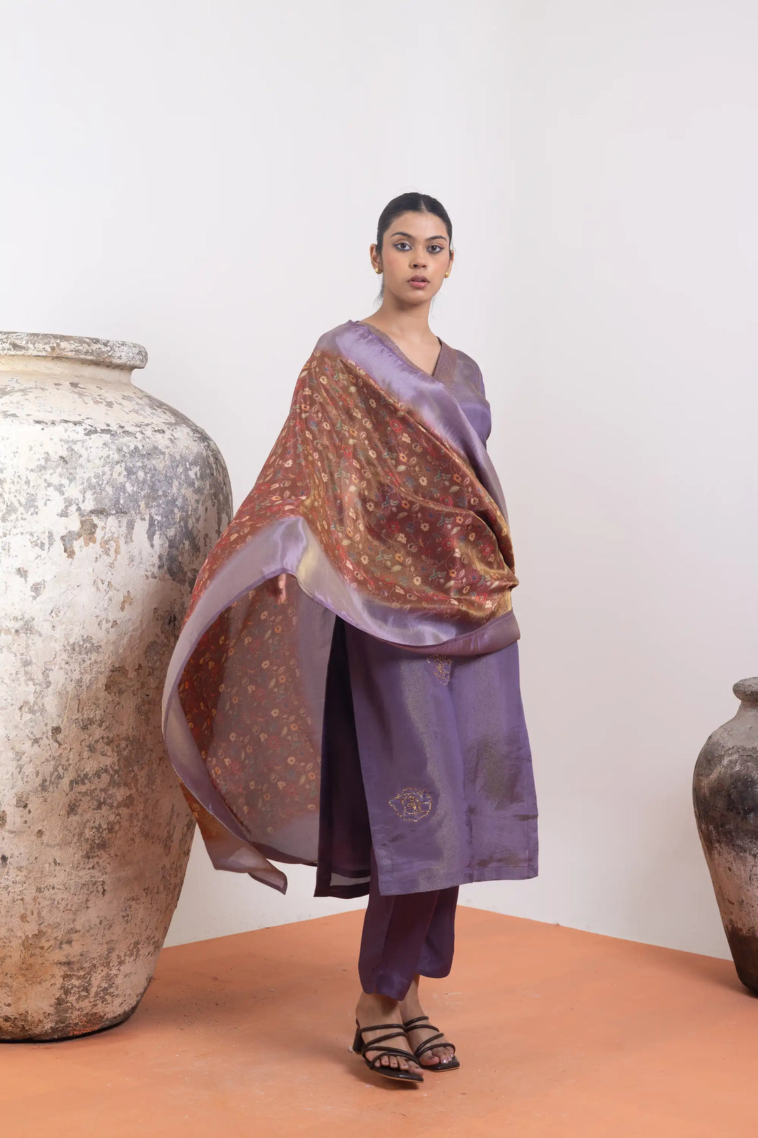 Kurtis Set in lilac | Perfect khat work digital print with tissue-silk