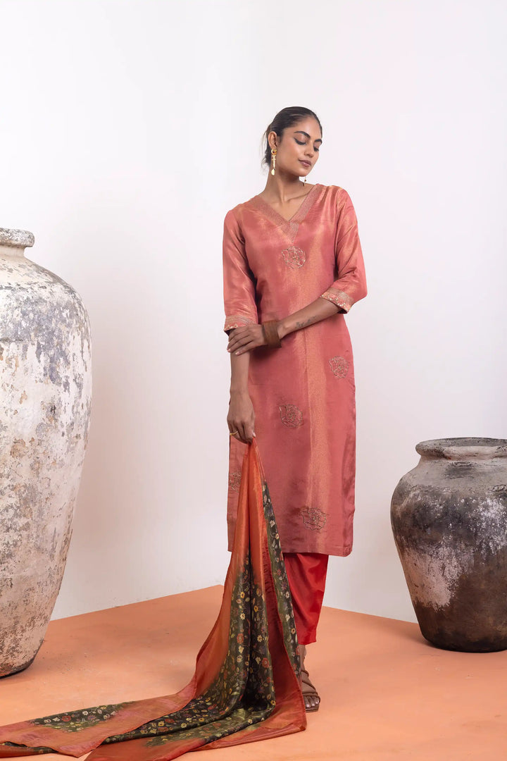 Kurtis Set red-orange | A Blend of tissue-silk and khat work linening work digit