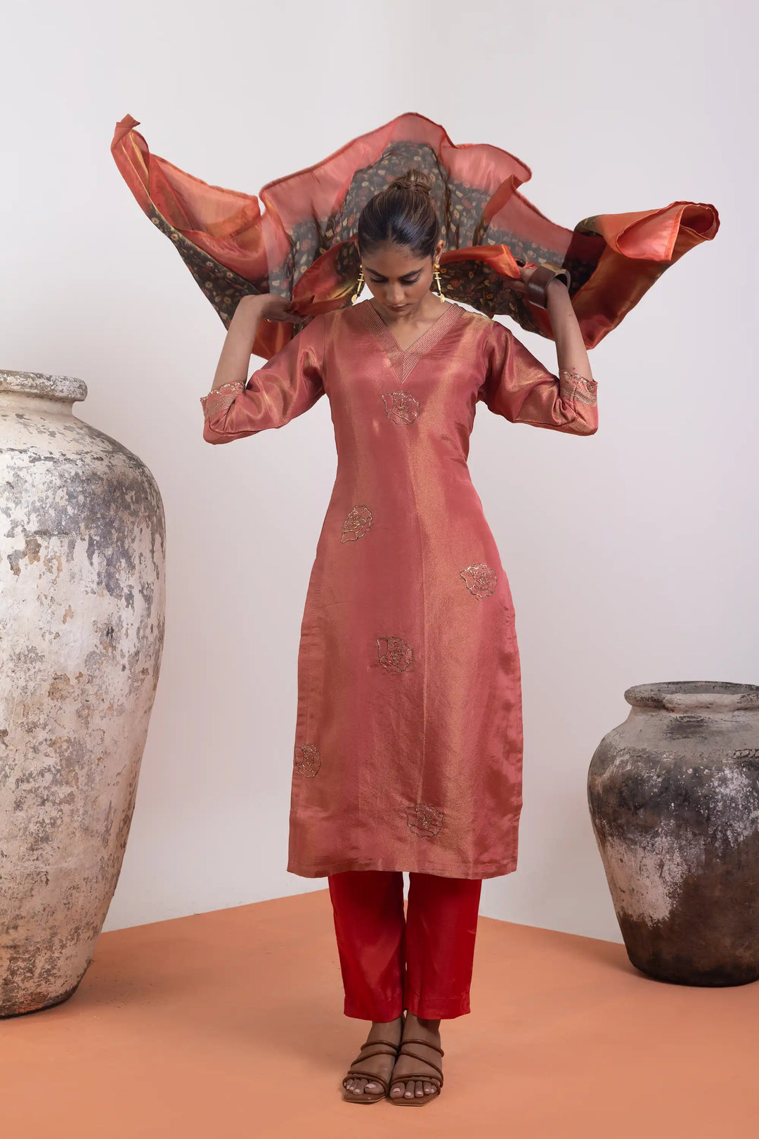 Kurtis Set red-orange | A Blend of tissue-silk and khat work linening work digit