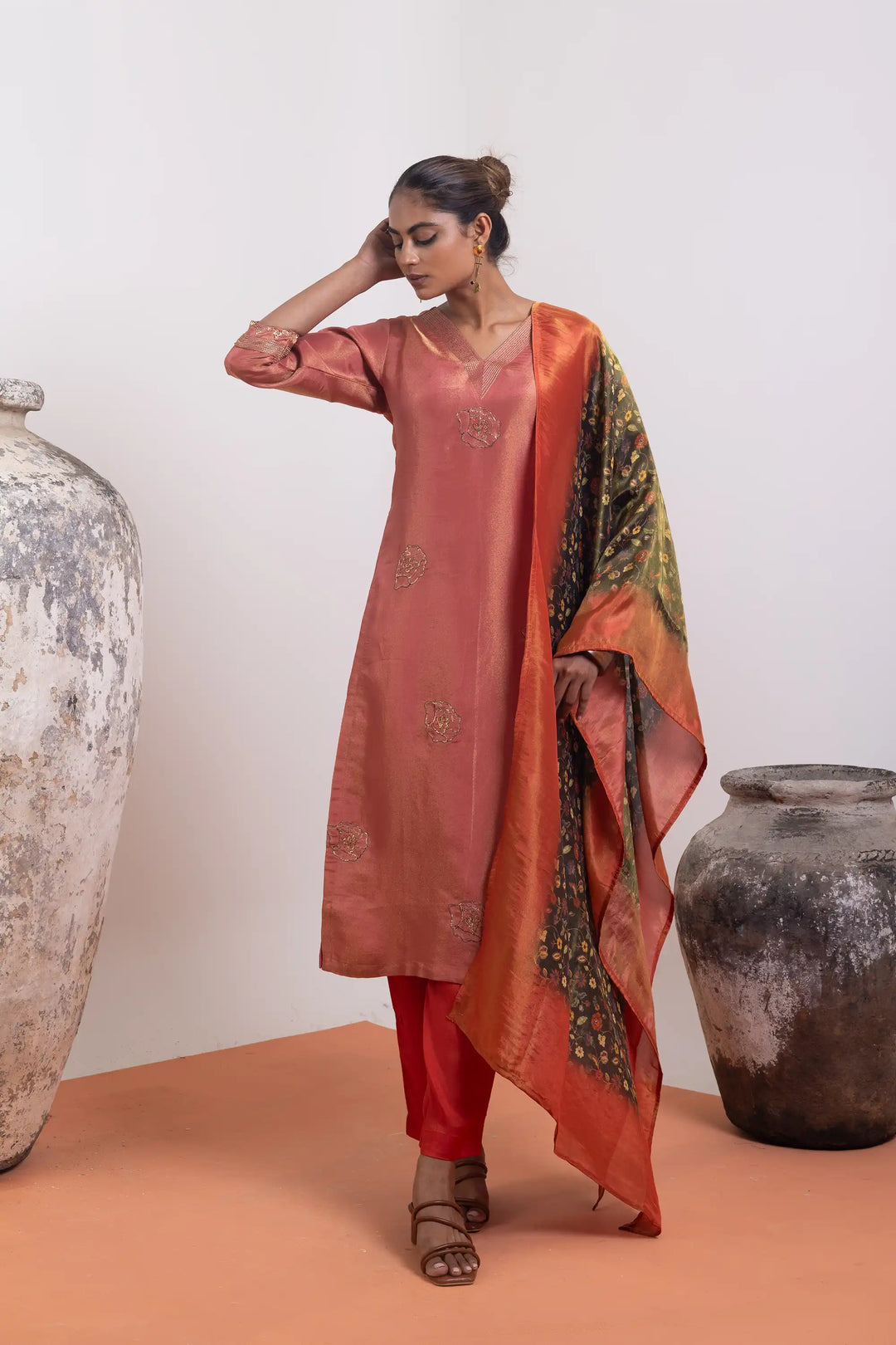 Kurtis Set red-orange | A Blend of tissue-silk and khat work linening work digit