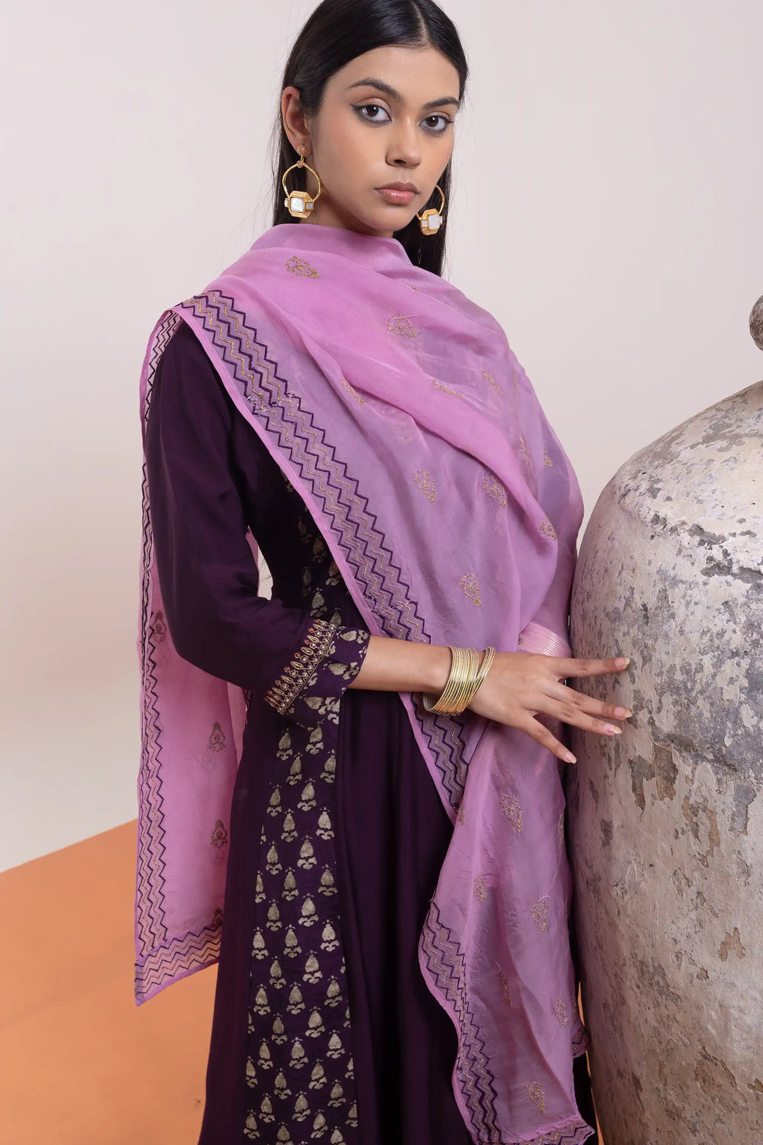 Anarkali dark-purple | A Blend of muslin and khat work hand work linening work f