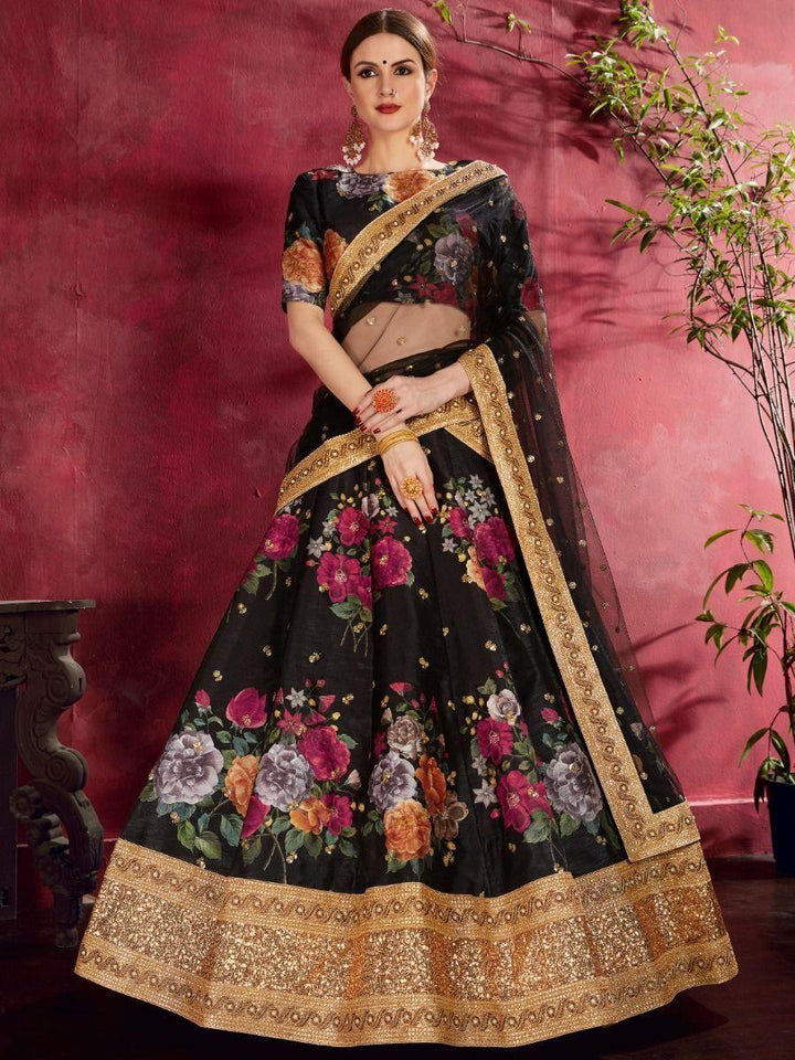 Sophisticated Black Lehenga | Floral Print & Sequins Work for Weddings