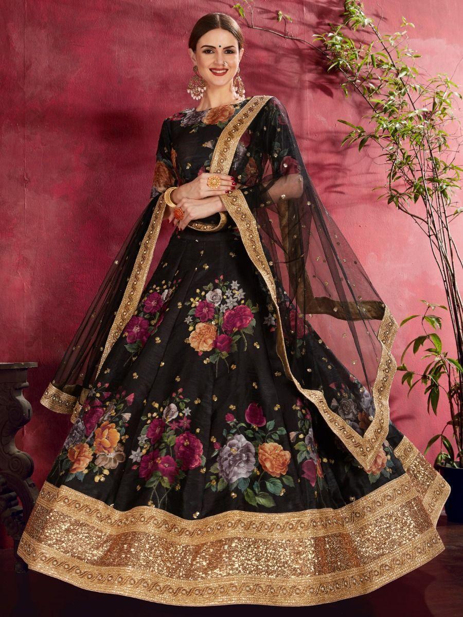 Sophisticated Black Lehenga | Floral Print & Sequins Work for Weddings