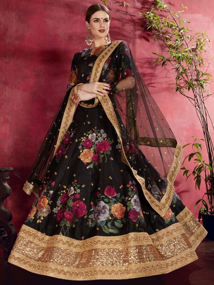 Sophisticated Black Lehenga | Floral Print & Sequins Work for Weddings