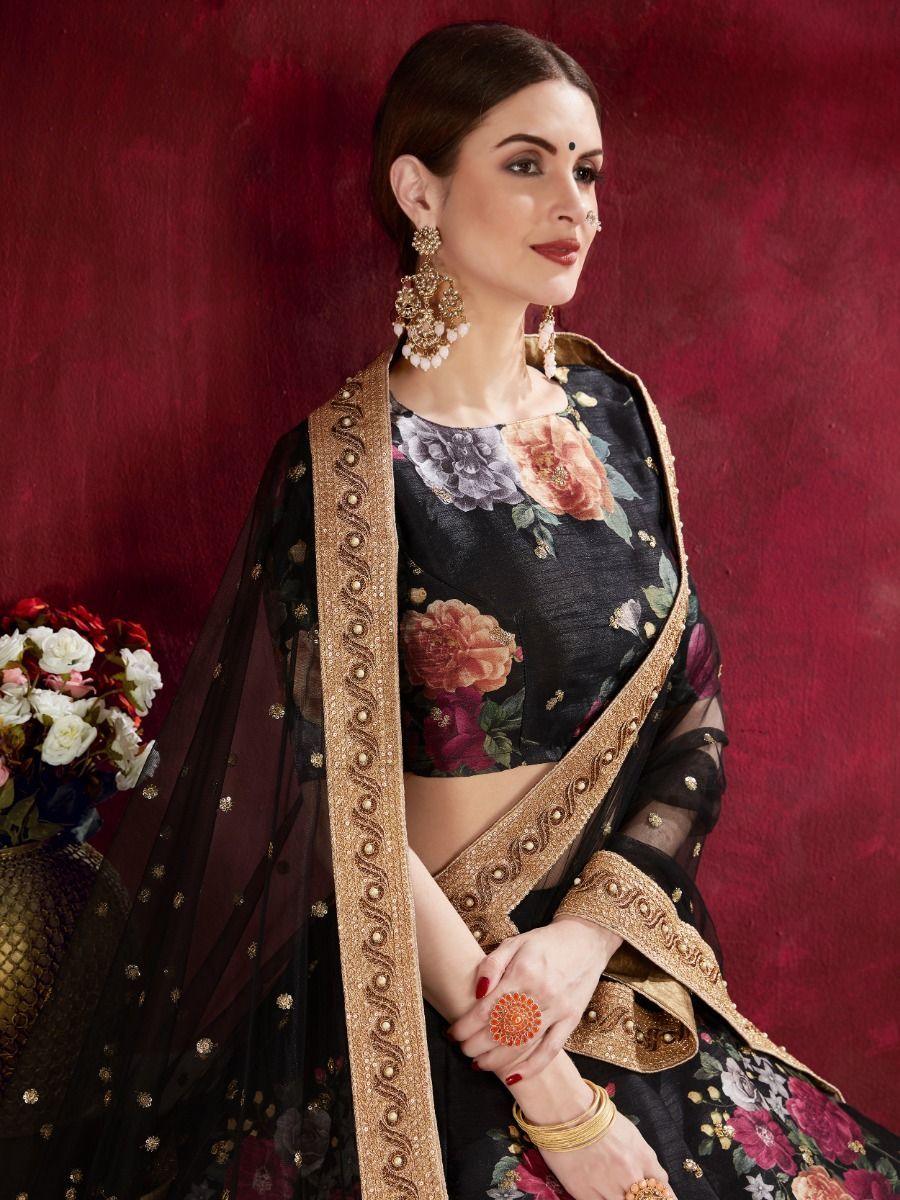 Sophisticated Black Lehenga | Floral Print & Sequins Work for Weddings